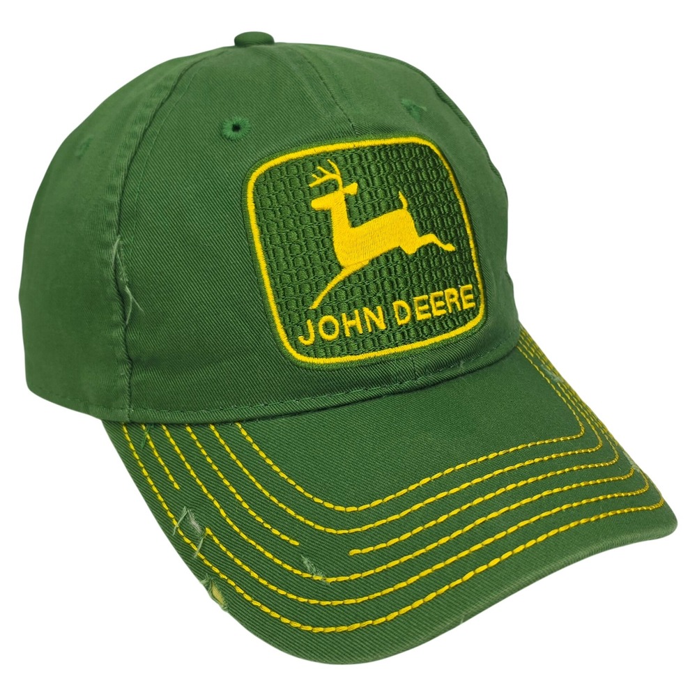 John Deere Distressed Baseball Cap Hat Mens OSFM Green Yellow Logo Farm Lawn
